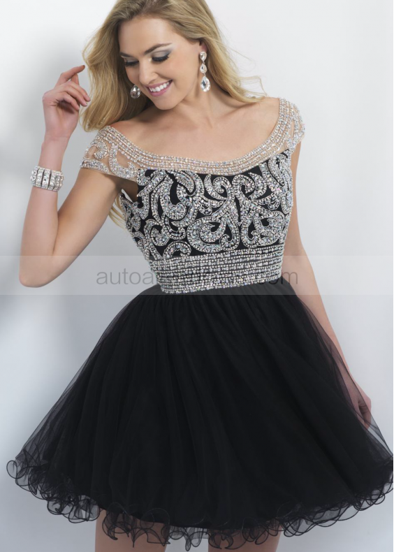 Black Tulle Beaded Scoop Neckline Backless Knee Length Prom Dress